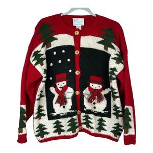 MISO 100% Wool Hand Knit Trees And Snowmen Christmas Sweater Size L